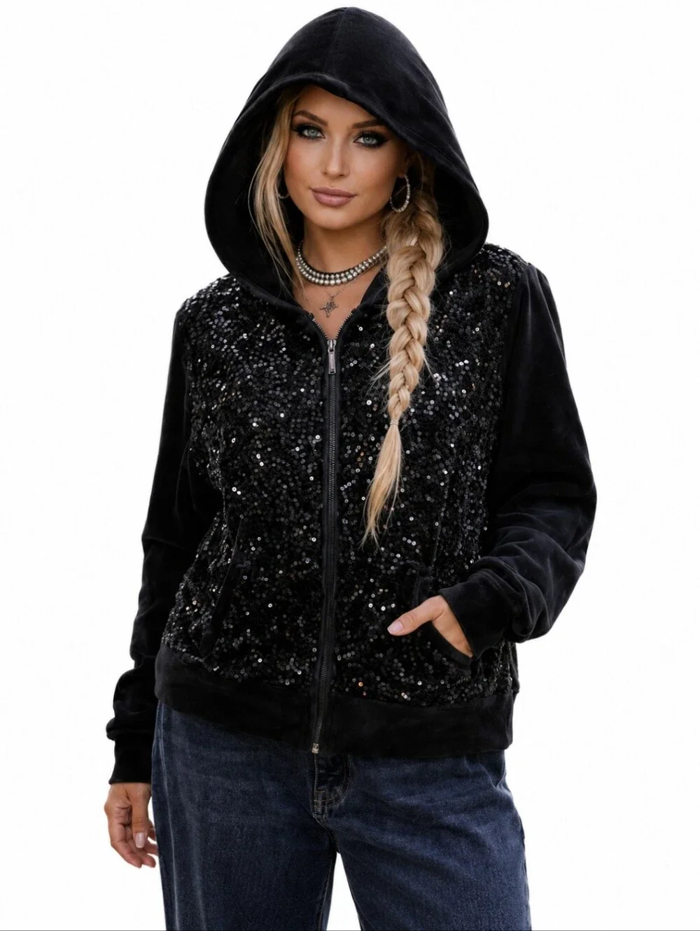 Y2K Onque Casuals Black Velour Zip Up Hooded Jacket Sparkles Sequins Front Sz L